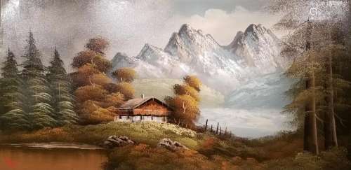 BOB ROSS OIL PAINTING OF LANDSCAPE ON CANVAS