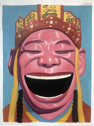 IN STYLE OF YUE MINJUN OIL ON CANVAS LAUGHING MONK