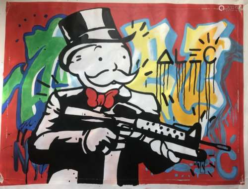 IN STYLE OF ALEC MONOPOLY OIL ON CANVAS