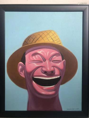 IN STYLE OF YUE MINJUN OIL ON CANVAS LAUGHING WORKER
