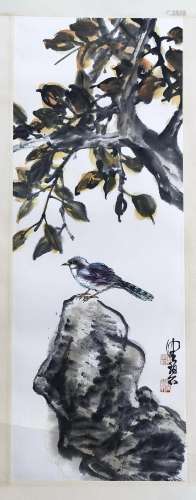 CHINESE SCROLL PAINTING OF BIRD ON ROCK SIGNED BY CHEN