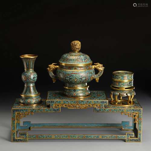 A SET OF THREE CHINESE CLOISONNE ALTAR VESSEL ON STAND