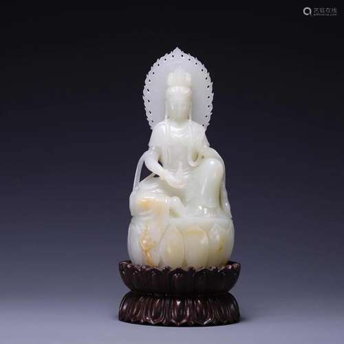 CHINESE WHITE JADE SEATED GUANYIN ON ZITAN STAND