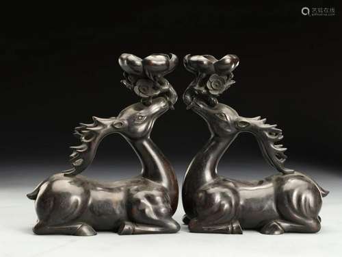 PAIR OF CHINESE HARDWOOD ZITAN DEER CANDLE HOLDER