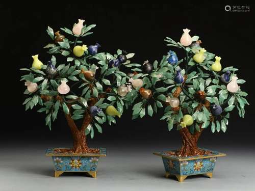 PAIR OF CHINESE GEMSTONE JADE BENSAI IN CLOISONNE