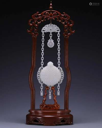 CHINESE WHITE JADE INCENSE CAGE ON BOXWOOD FRAME