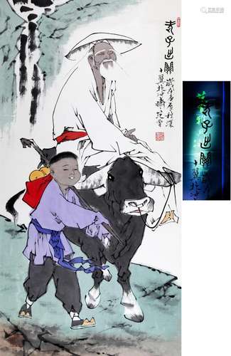 CHINESE SCROLL PAINTING OF MAN ON OX SIGNED BY FANZENG