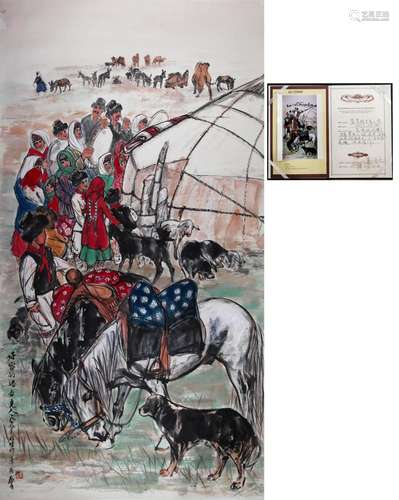 CHINESE SCROLL PAINTING OF PEOPLE WITH HORSE SIGNED BY