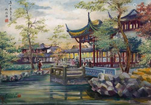 CHINESE SCROLL PAINTING OF GARDEN VIEWS SIGNED BY LIN