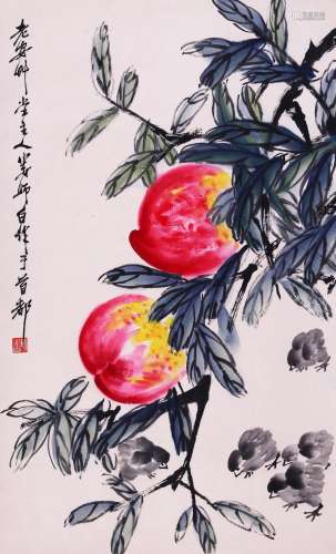 CHINESE SCROLL PAINTING OF CHICK AND PEACH SIGNED BY