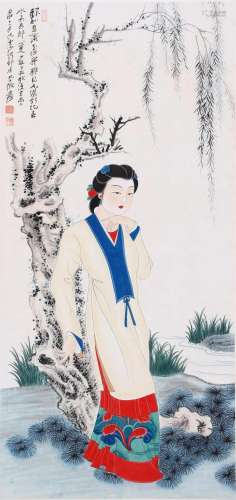 CHINESE SCROLL PAINTING OF GIRL UNDER WILLOW SIGNED BY
