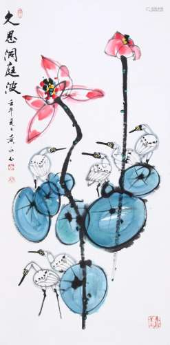 CHINESE SCROLL PAINTING OF CRANE AND LOTUS SIGNED BY