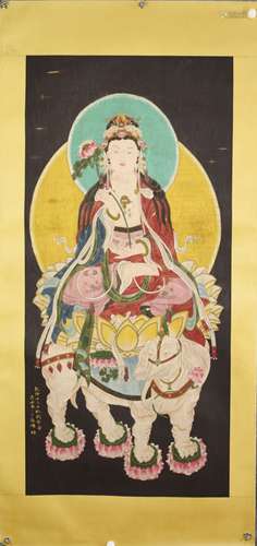 Chinese Buddha Mounted on Elephant Painting Hanging Scroll, ...