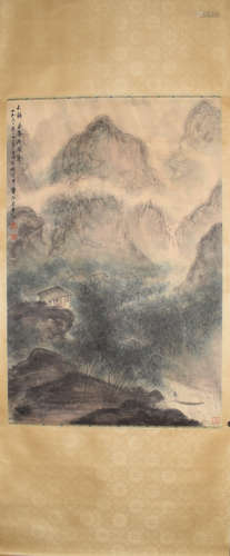 Chinese Landscape Painting Hanging Scroll, Fu Baoshi Mark