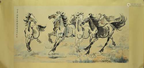 Chinese Horse Painting Hand Scroll, Xu Beihong Mark