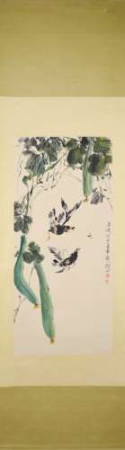 Chinese Luffa Painting Hanging Scroll, Wang Xuetao Mark