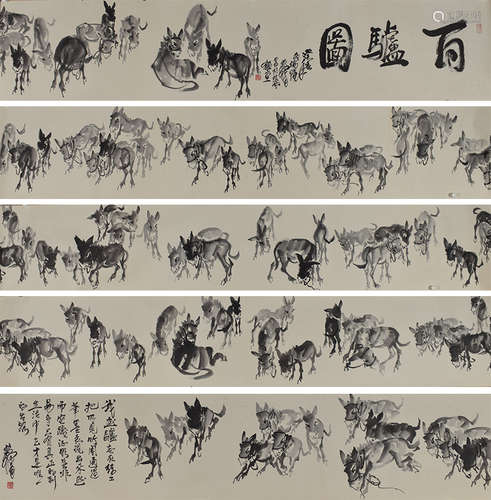 Chinese Hundred Donkey Painting Hanging Scroll, Huang Zhou M...