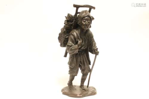 Japanese Bronze of Lady Carrying Woods,Signed