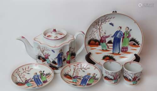 Group of New Hall Porcelain Teapot,Cups and Plates