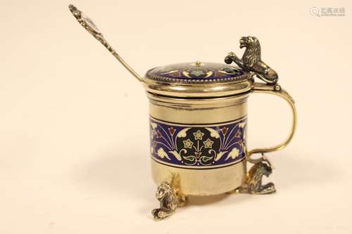 Continental Silver&Enamel Spoon and Cup w Lion Mot