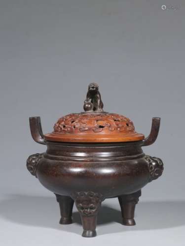 Chinese Hand Carved Zitan Wood Tripod Censer