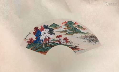Chinese Ink Color Fan Painting w Calligraphy