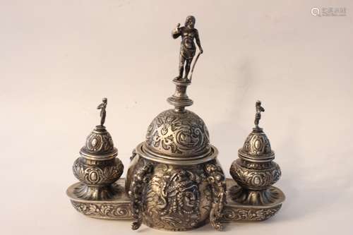 English Sterling Silver Inkwell with Bell