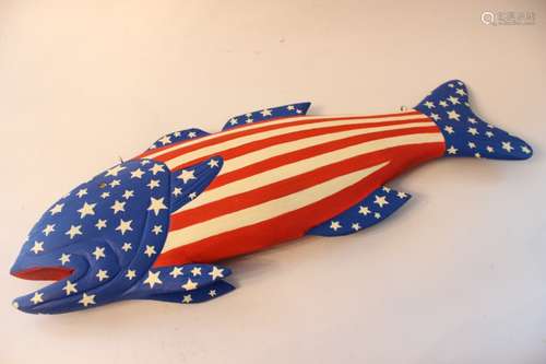 American Hand Carved Wooden Patriotic Flag Fish