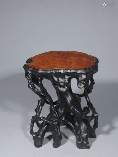 Chinese Hand Carved Zitan Wood Stand,Burl Wood Inl