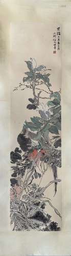 Chinese Ink Color Scroll Painting w Calligraphy