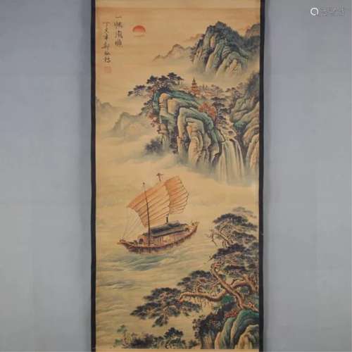 Chinese Ink Color Scroll Painting w Calligraphy