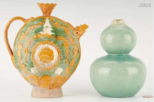 Chinese Sancai Glaze Ewer&Double Gourd Celadon Vas