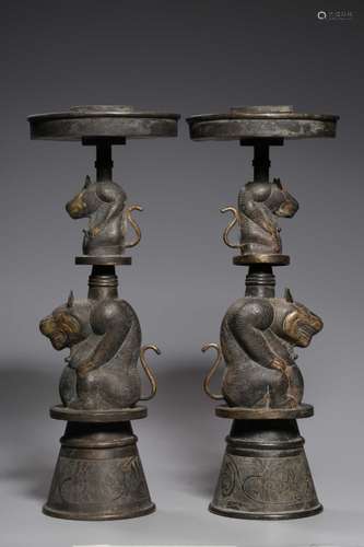 Pair of Chinese Gilt Bronze Candle Holder