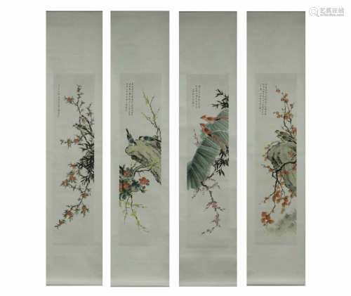 Chinese Ink Color Scroll Painting Set w Calligraph