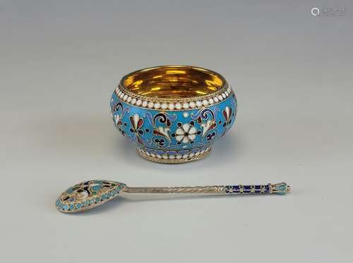 19th Russian Silver Enamel Salt Cellar Spoon