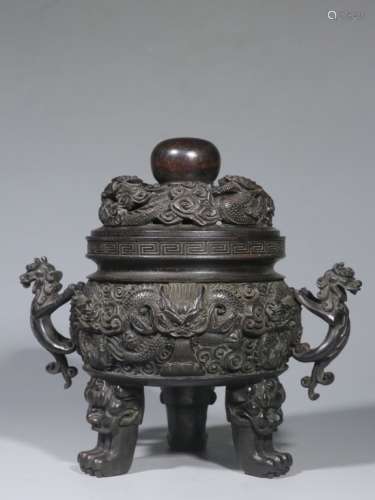 Chinese Hand Carved Zitan Wood Tripod Censer