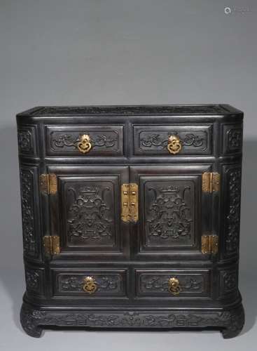 Chinese Hand Carved Zitan Wood Cabinet