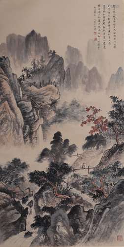 Chinese Ink Color Landscape Painting w Calligraphy