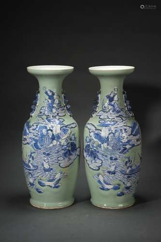 Pair Yellowish Pea Green Glazed Vases with Blue-and-white De...