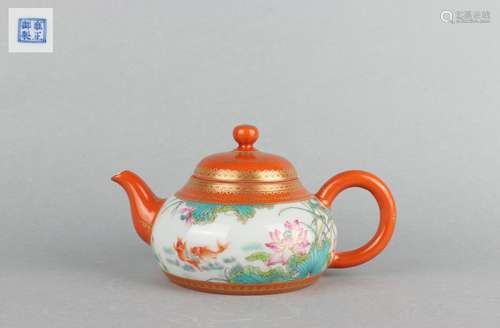 Color Enameled Lotus Teapot with Gold Outlining Design, Yong...