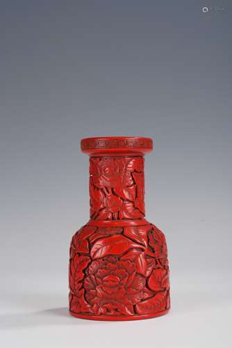 Carved Red Lacquer Vase with Mouth of Dish and Branches of P...