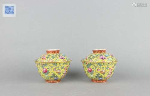 Pair Color Enameled Covered Bowls with SHISHIRUYI (All the b...