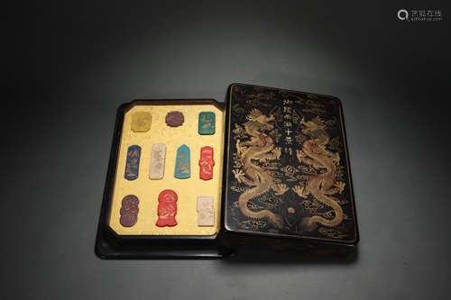 Chinese Lacquer Box with Gold Outlining Design and Emperor I...