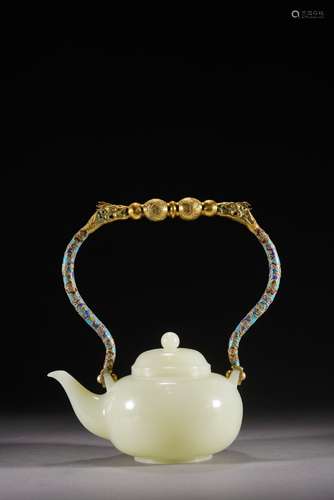 White Jade Inlaid Enameled Handle Kettle, Qing Dynasty