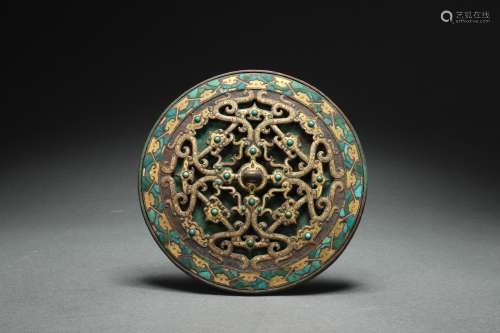 Bronze Mirror Inlaid Turquoise with Gold Plating