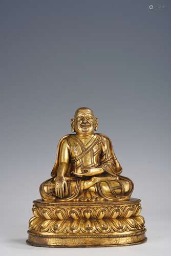 Tibetan Gilt Copper Sitting Statue of Kagyu Guru, Qing Dynas...