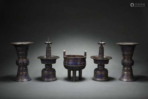 Enameled Five Sacrificial Utensils with Silver-bodied and An...