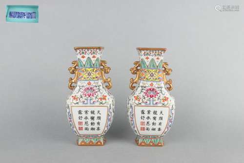 Famille Rose Hanging Vase with Poems Pattern and Double Ears...