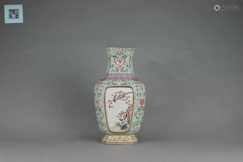 Famille Rose Square Zun-vessel with Pine, Crane and Poem Pat...