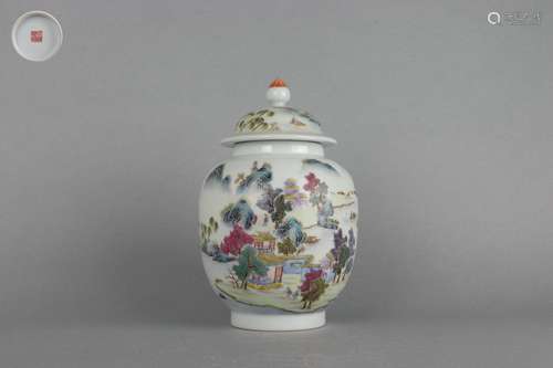 Famille Rose Covered Jar with Landscape Pattern, Qianlong Re...